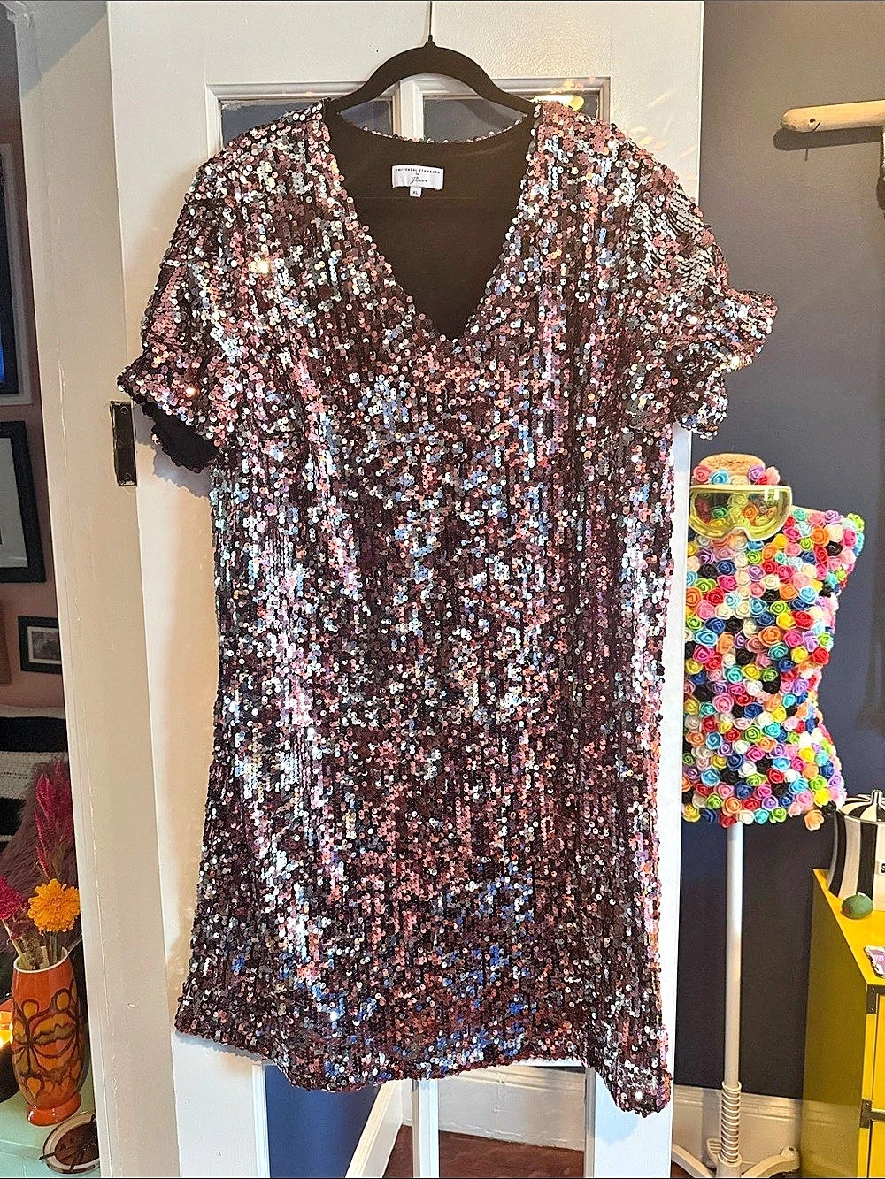 Universal Standard x J Crew Sequin Mini Dress in Black & Pink